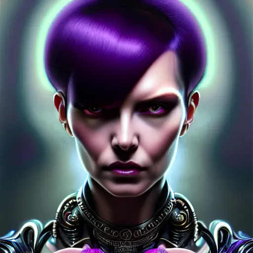 Image similar to woman with extremely large and intricate haircut with angry purple eyes and slim features looking askance, eye cyberpunk bionics, retro futurist style, intricate, elegant gleaming intricate baroque jewelry, angelic halo, highly detailed, digital painting, artstation, concept art, smooth, sharp focus, illustration, art by wlop, mars ravelo and greg rutkowski,