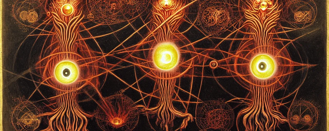 Image similar to a strange fire creature with endearing eyes radiates a unique canto'as above so below'while being ignited by the spirit of haeckel and robert fludd, in the long deep infinite tunnel of the ego - self axis, glory to my soul, in honor of saturn, painted by ronny khalil