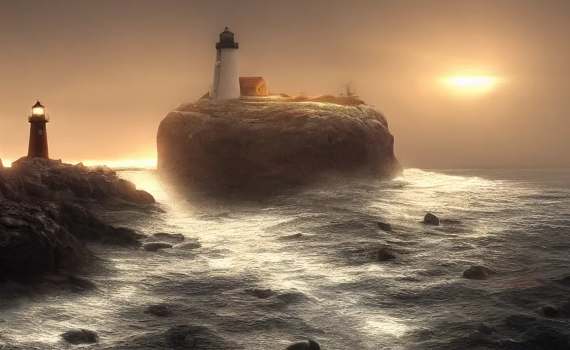 Image similar to lighthouse in the night, directed by charlie kaufman ( 2 0 0 1 ) anamorphic lenses, a rocky shore in the foreground, foggy volumetric light morning, a beam of light from the heavens, cinematic trending on artstation in the style of greg rutkowski