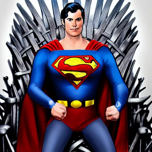 Image similar to superman sitting on the iron throne. artstation