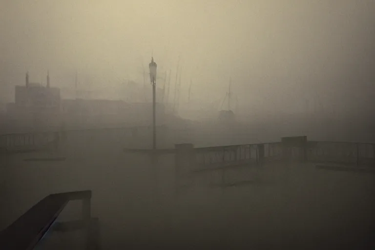 Image similar to The fog looks like little cats feet, sits looking over harbor and city on silent haunches and then moves on. 3D rendering by Liam Wong, painting by Caspar David Friedrich, and photography by Gregory Crewdson, UHD, amazing depth, atmospheric, trending on artstation