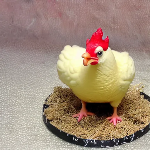 Prompt: realistic barnyard. Tiny birthday cake. Newly hatched fluffy light yellow chick looking at the cake. Rhode island red rooster.