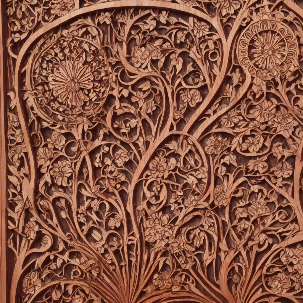 Image similar to a 3 d wooden mahogany art nouveau carved sculpture of a delicate sakura tracery pattern, intricate and highly detailed, well - lit, ornate, realistic, polished with visible wood grain