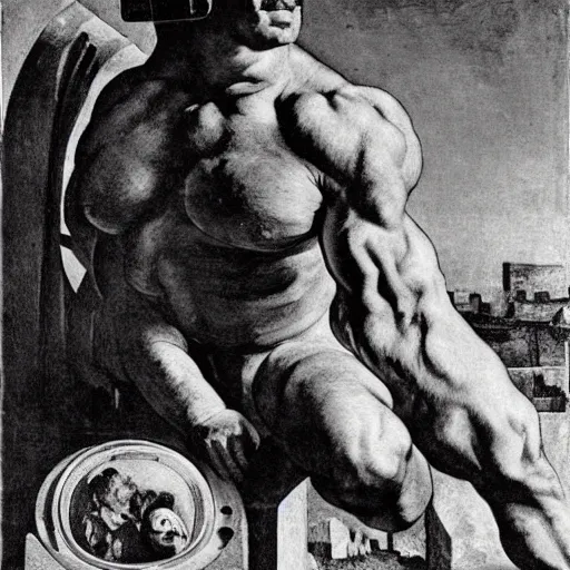 Prompt: ripped physique Portrait of Rush Limbaugh walrus politico standing atop a radio station whilst brandishing an acorn badge giorgio de chirico salvador dali giotto leonardo da vinci paul cezanne edward hopper