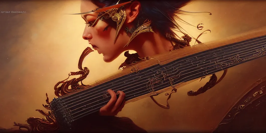 Image similar to a katana guitar by karol bak, james jean, tom bagshaw, rococo, sharp focus, trending on artstation, cinematic lighting, hyper realism, octane render, 8 k, hyper detailed, vivid, ultra detailed, highly detailed