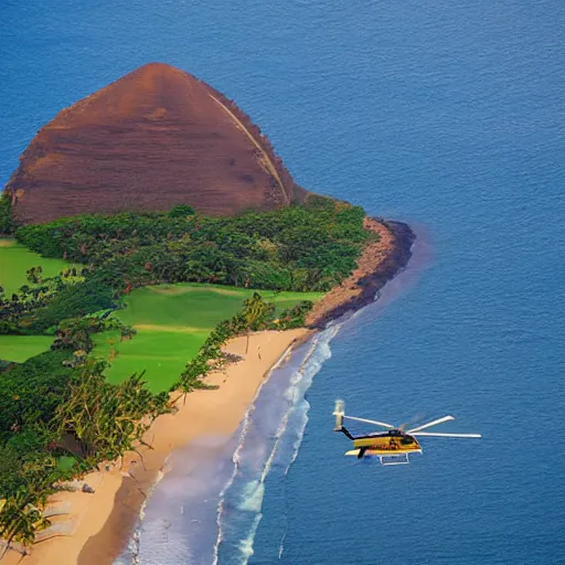 Prompt: helicopter over chinaman's hat, magnum PI