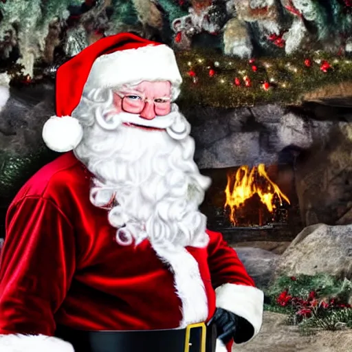 Image similar to UHD candid photo of Santa in front of a hole in the ground filled with dead elves, with accurate face, UHD, photorealistic, correct face, photo by Annie Leibovitz