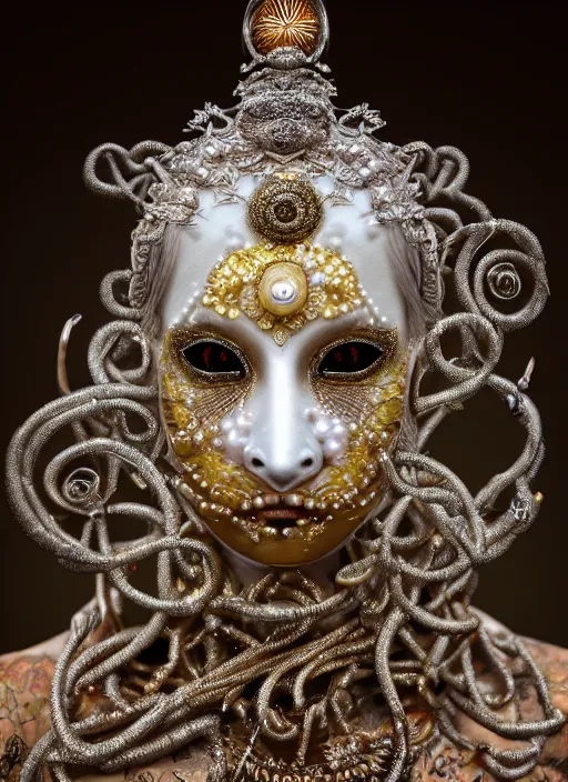 Image similar to hyperrealism, detailed textures, award winning autochrome portrait photo, symetrical japanese pearl beautiful smiling medusa queen autochrome pearl portrait, pearl silverplate, intricate, detailed facial pearl scary animal mask, pearl, golden jewelery, silverplate, ultra realistic, cinematic, intricate, cinematic light by ray ceasar, unreal engine 8 k