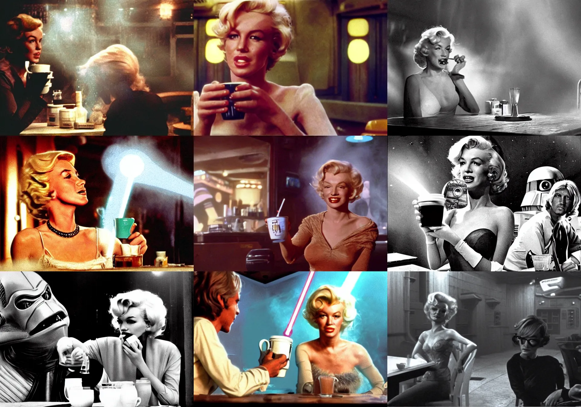 Prompt: A long-shot, color cinema film still of a Marlin Monroe drinking coffee in the Mos Eisley's Tavern, Two aliens around, misty, studio lighting; from Star Wars(1977)