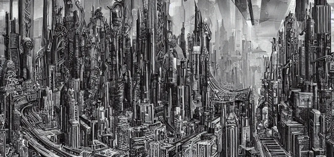 Prompt: a cityscape in the style of H.R. Giger meets Syd Mead