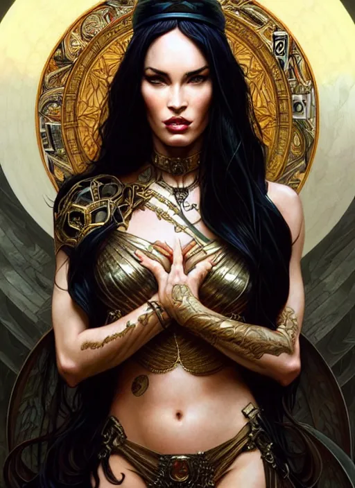 Image similar to megan fox as the goddess of chaos!! intricate elegant, highly detailed, digital painting, artstation, concept art, smooth, sharp focus, illustration, art by ( ( ( artgerm ) ) ) and greg rutkowski! and ( ( alphonse mucha ) )