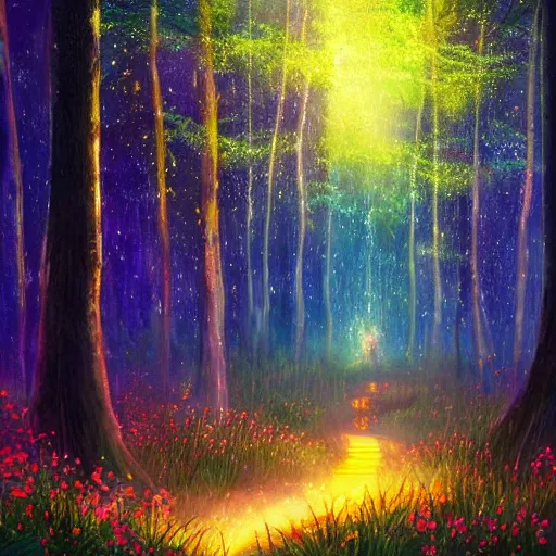 Image similar to an enchanted forest full of fireflies, night, warm light, fantasy art