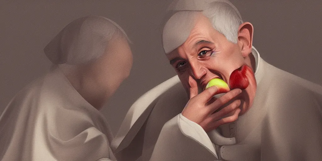 Prompt: The Pope eating an apple, hyperdetailed, artstation, cgsociety, 8k