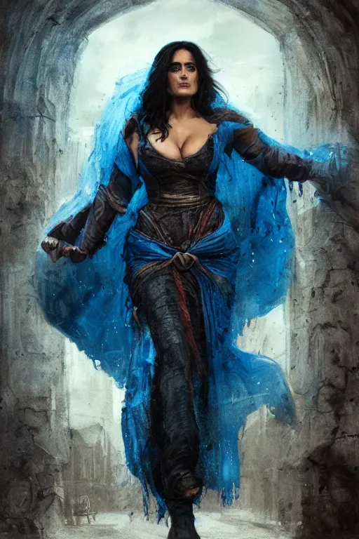 Image similar to portrait, Salma Hayek , sorceress, dressed in tattered blue dress and cloak , face portrait, raphael lacoste, eddie mendoza, alex ross, concept art, matte painting, highly detailed, rule of thirds, dynamic lighting, cinematic, detailed, denoised, centred