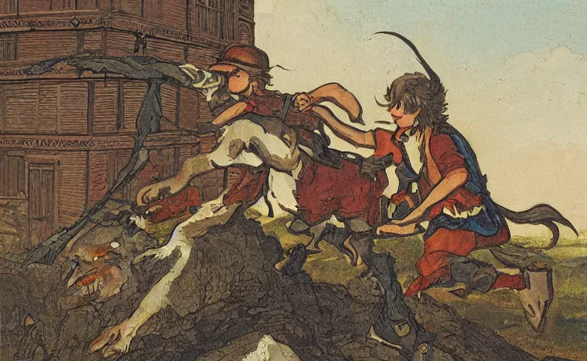 Prompt: a boy fighting a wolf on the edge of a clocktower, by moebious gouache, print