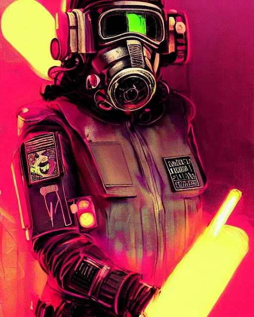 Prompt: detailed portrait neon female swat officer, cyberpunk futuristic, neon, gas mask, lightsaber, reflective puffy coat, decorated with traditional japanese by ismail inceoglu dragan bibin hans thoma greg rutkowski alexandros pyromallis nekro rene margitte, fire & smoke, illustrated, perfect face, fine details, realistic shaded, fine - face, pretty face