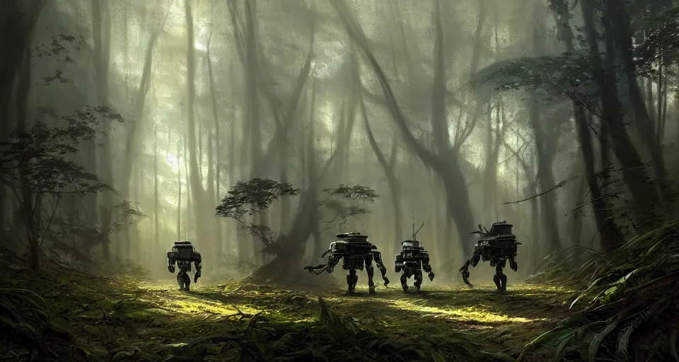 Prompt: hyper realistic sci - fi matte concept art painting of battlemech walking through a forest, beautiful details, strong composition painted by kim jung guweta studio rutkowski, james gurney and greg rutkowski, and lucasfilm, smooth, intricate, detailed, sharp focus, cinematic