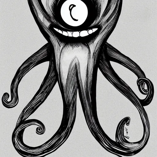 Prompt: a cartoon character of a human - octopus, character - portrait, deviantart, sots art, lovecraftian, grotesque, creepypasta, by glen keane, disney