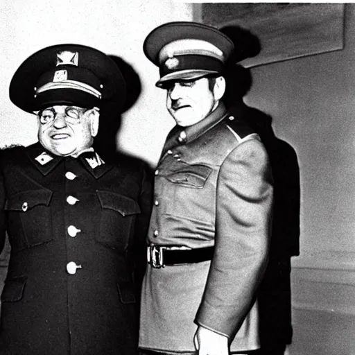 Image similar to 1942 photograph of Danny DeVito in a Soviet officer's uniform standing next to Joseph Stalin