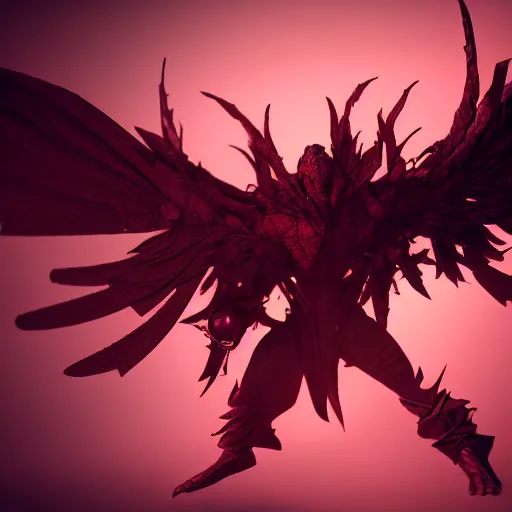 Image similar to abstract shadow demon with wings red hunter eyes, highly realistic photo realistic octane render blender highly detailed 8 k