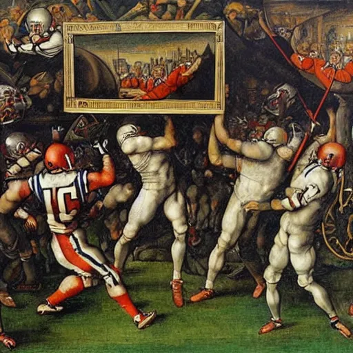 Prompt: the new england Patriots score a touchdown in the style of Albrecht Dürer - n 4