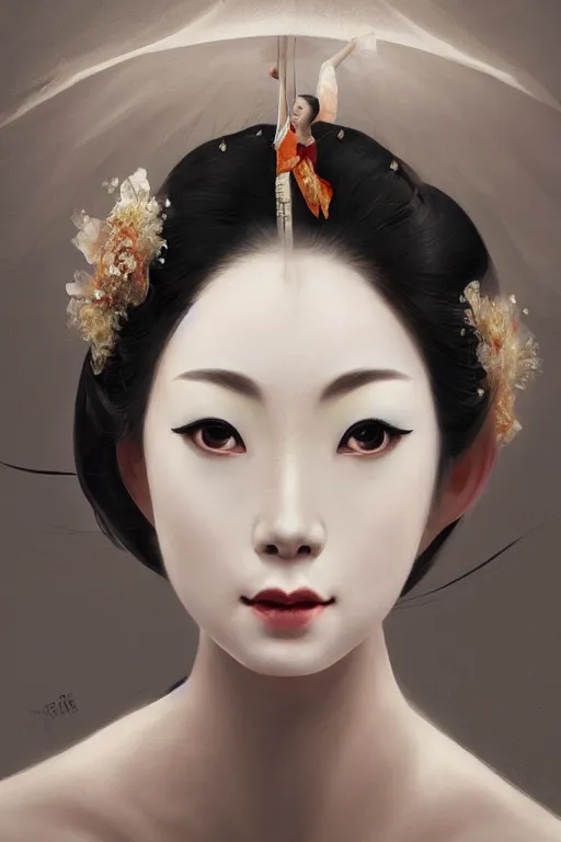 Image similar to geisha prima ballerina, gorgeous, ethereal, close-up portrait, intricate, elegant, volumetric lighting, scenery, digital painting, highly detailed, artstation, sharp focus, illustration, concept art, ruan jia, steve mccurry