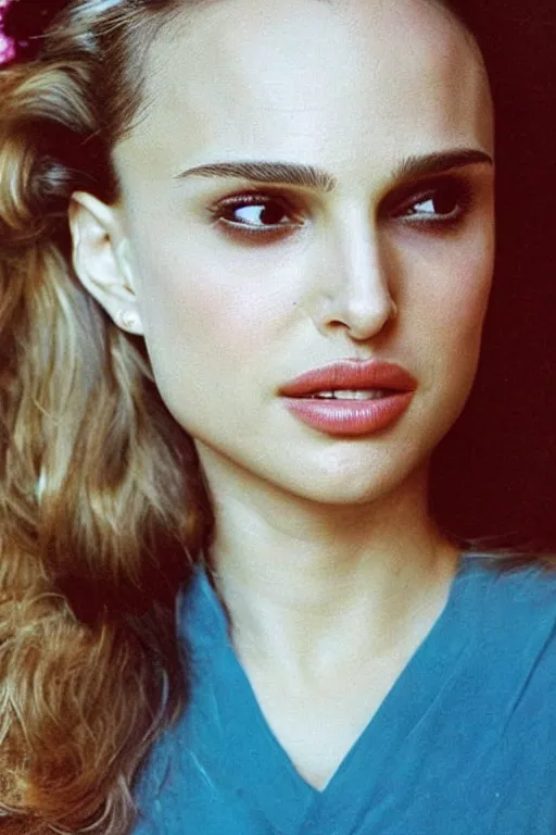 Image similar to 23 year old natalie portman making stupid faces, dressed like a clown from the 40s, loose messy hair , thoughtful eyes, wearing a thin white skimpy cotton camisole, pale skin, poised beautiful body, symmetrical face, zen aesthetic, interior design, amber and blue color scheme, sophisticated, pensive, contemplation, meditation, aloof, ethereal, realistic painting