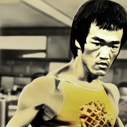 Image similar to 8 k photograph portrait of bruce lee, blurred wafflehouse i'm the background