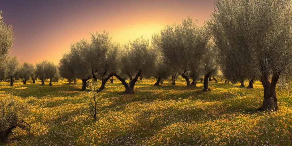 Image similar to flourishing blooming garden full of olive trees in italy, painting, matte painting, canvas, 4 k, 8 k, high detail, golden hour, sunset, epic light, shadows, contrast,