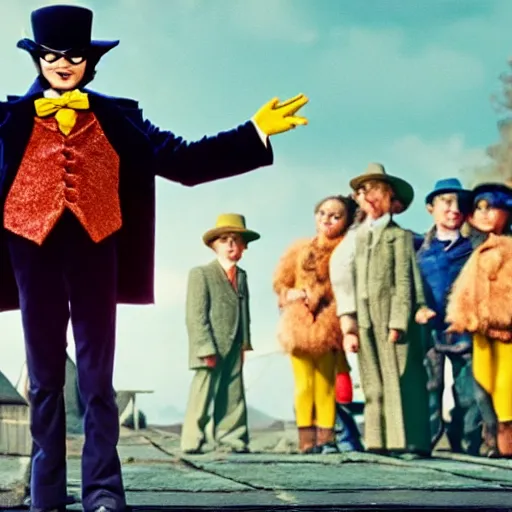 Prompt: cinematic still of Batman as Willy Wonka in Charlie and the Chocolate Factory, 4k