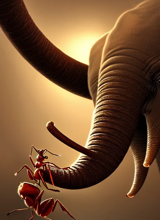 Prompt: a painting of an ant with the trunk of an elephant, concept character art, art nouveau, beautifully backlit, highly intricate, detailed painting, aesthetic octane render, 8 k hd resolution