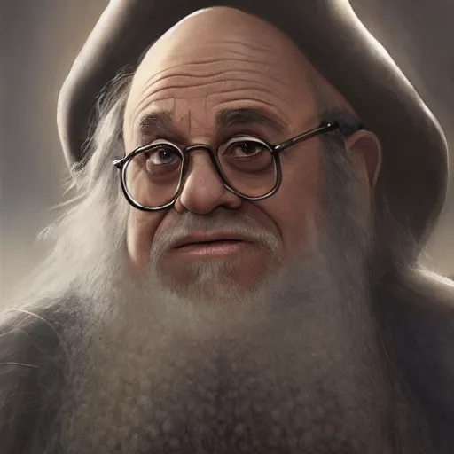 Image similar to Movie still of Danny Devito as Gandalf, fantasy, highly detailed, digital painting, artstation, concept art, sharp focus, illustration, art by Tony Sart and artgerm and randy vargas