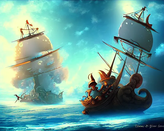 Prompt: Lunar pirates sailing the cosmic cloudy sea, digital art, fantasy art by dreamworks