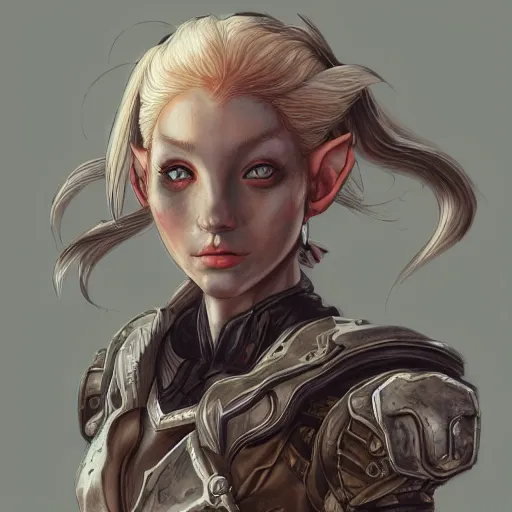 Image similar to portrait of a female elf orc by ayami kojima, she is about 2 0 years old, american pretty, copper hair, annoying but friendly, she is wearing a modern tactical gear, scifi, highly detailed portrait, digital painting, artstation, concept art, smooth, sharp foccus ilustration, artstation hq