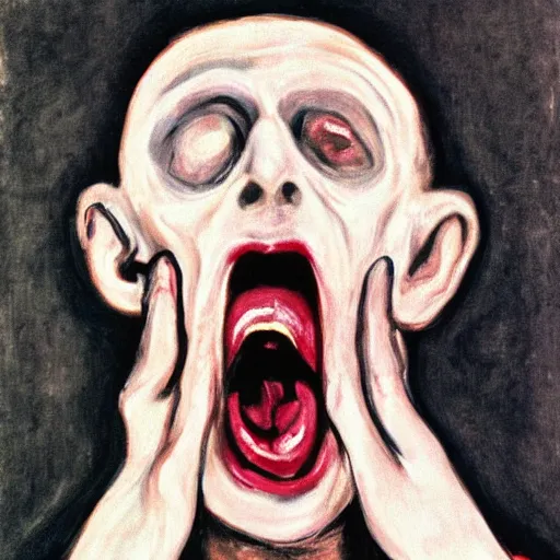 Image similar to portrait of a pale and thin, sickly - looking person of mixed ethnicity uttering a silent scream in the style of edvard munch's the scream.