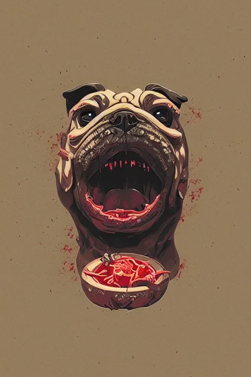 Image similar to demon pug eating flesh. art by mike winkelmann, sticker, illustration, highly detailed,