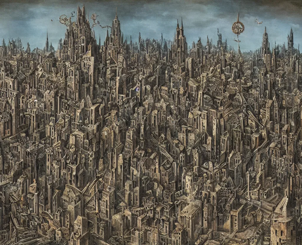 Prompt: a city of archologies in the style of Dystopian gothic surrealism painting