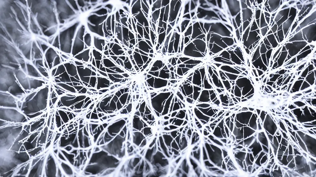 Image similar to a mineral network of neurons and dendrites, macro, photography, scientific