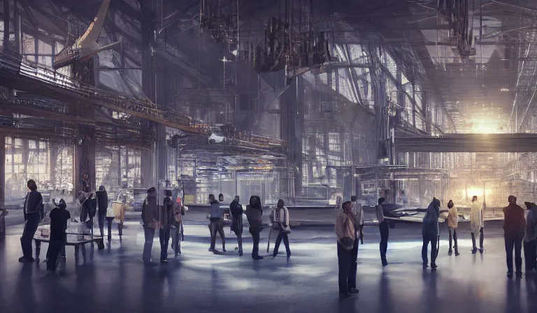 Image similar to group of people in simple warehouse, staring at hologram of futuristic city on a table, cinematic concept art, godrays, golden hour, natural sunlight, 4 k, clear details, tabletop model buildings, center model buildings, hologram center, crane shot, crane shot, crane shot