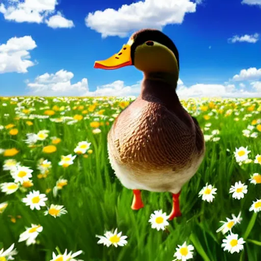 Image similar to a duck in a field of daisies on a bright sunny day, duck surrounded by daisies, with clouds in the sky, lots of little daisies in the field, disney pixar style