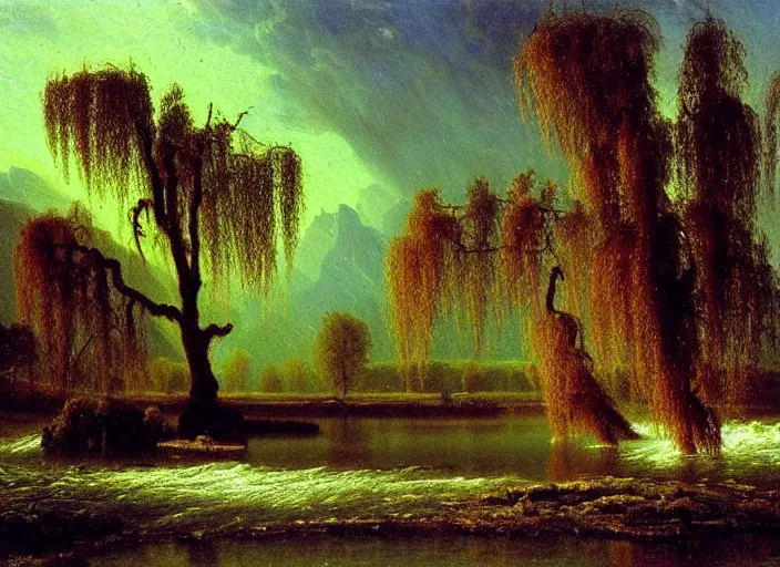 Image similar to oil painting of a willow tree next to a raging river by albert bierstadt, beautiful lighting