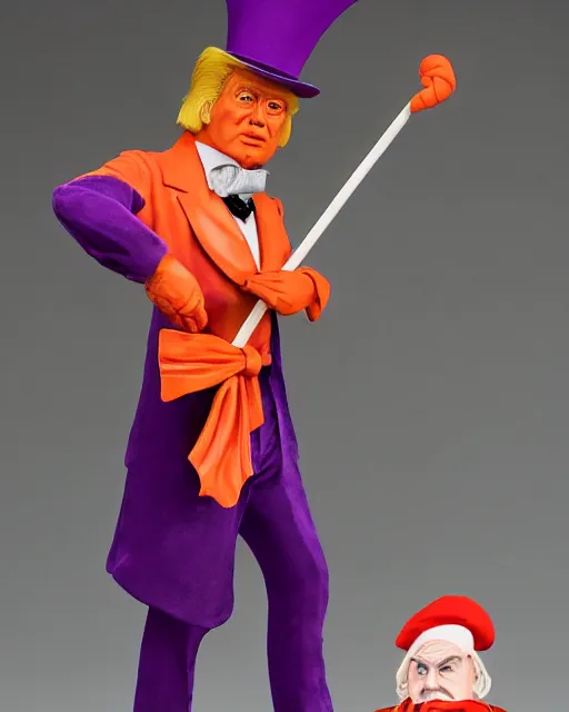 Prompt: wide angle full body photo of a maquette sculpture of donald trump as willy wonka, he is wearing a victorian era purple jacket and pants, and a velvet purple top hat over his long orange hair. he is holding a candy cane colored cane. his skin is an orange color like an oompa loompa. in the style of sideshow collectibles, highly detailed sculpture