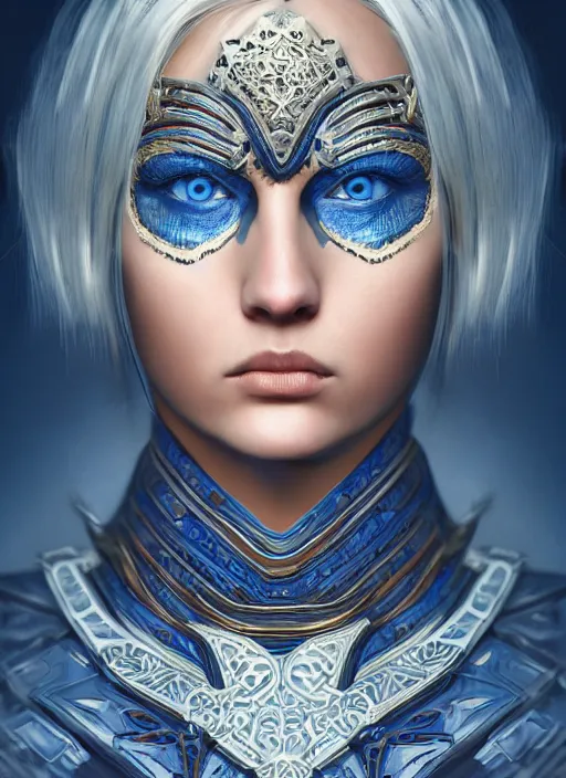 Prompt: full - body portrait of slavic young woman warrior, front, symmetrical, extremely detailed face, blue war paintings on face, beautiful face, short blonde hair, blue eyes, digital painting, unreal engine, octane rendered, true anatomy, behance frm 4 6, art by evgeny zubkov
