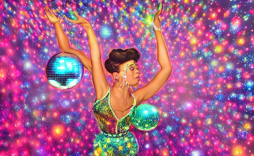 Prompt: Ultradetailed, hyperrealistic, a vintage roller skating diva wearing a disco ball skirt mirror tanktop with a disco ball head in a psychedelic cosmic roller rink in the clouds, by Vladimir kush, by josib csoor, by Laurie Lipton, rendered in octane, volumetric lighting, retro color scheme, trending on artstation -20