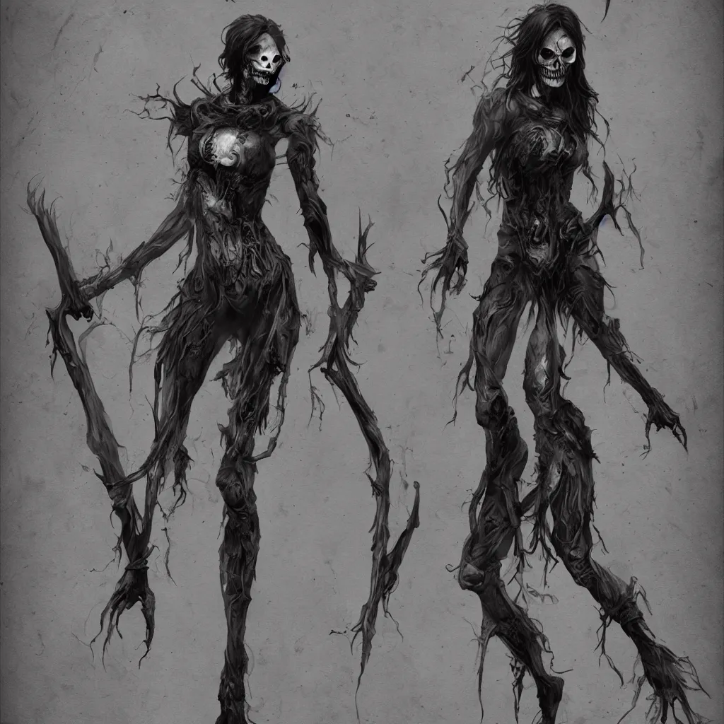 Image similar to female wraith, undead, dynamic pose, skull, terrifying, dark, fog, artstation