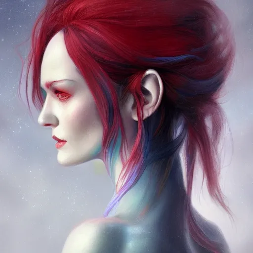 Image similar to A detailed matte oil on canvas head on symmetrical portrait of a distinguished elven woman with red and blue hair on an empty background, by Charlie bowater, Wlop, trending on artstationhd, dungeons and dragons art, parted hair , half blue, half red , split dye, critical role