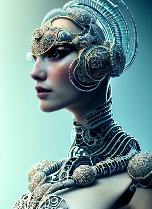 Image similar to portrait of an absurdly beautiful, graceful, sophisticated, fashionable cyberpunk mechanoid, hyperdetailed illustration by irakli nadar and alexandre ferra, intricate linework, white porcelain skin, faberge, coral headdress, unreal engine 5 highly rendered, global illumination, radiant light, detailed and intricate environment