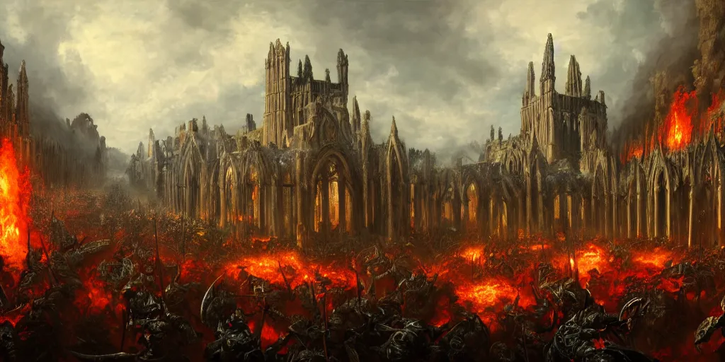 Image similar to highly detailed portrait painting of an ancient gods on hell horses war battle, abbey warhammer battle, old abbey in the background, cathedrals, giant columns, magic blasts by liang xing, 8 k resolution