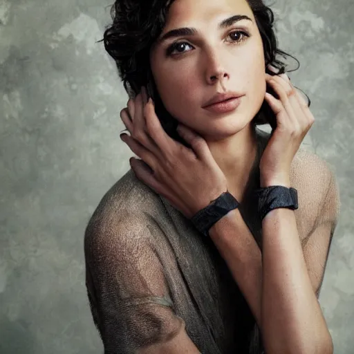 Image similar to a beautiful close - up shot of gal gadot, beautiful soft light failling on her face, studio photography by annie leibovitz