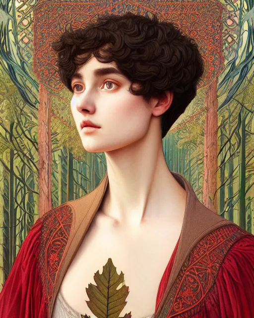 Image similar to symmetry portrait of welsh brunette student in mans tunic, embroidery, tomboy, short hair, intricate forest background, intricate, elegant, highly detailed, digital painting, artstation, concept art, smooth, sharp focus, illustration, art by artgerm and greg rutkowski and fra angelico and alphons mucha